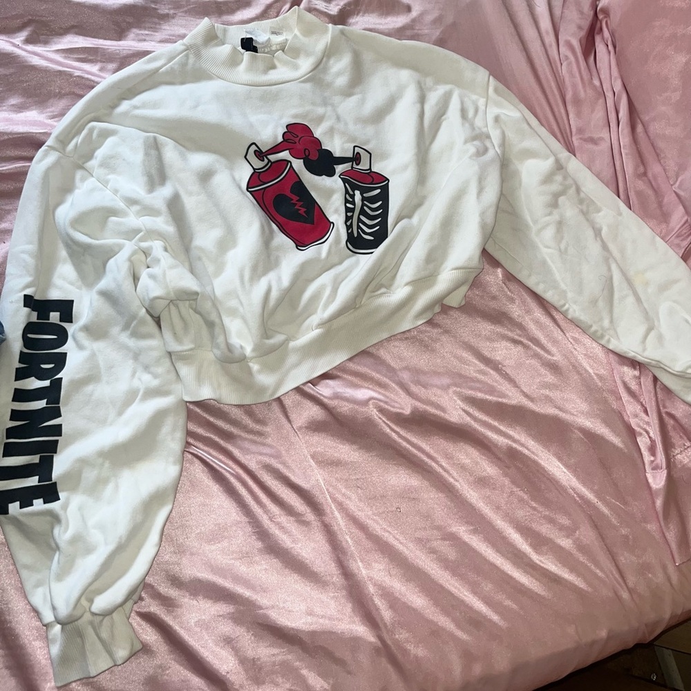 White graphic crop sweater